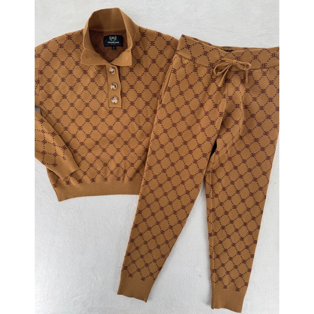 EllandEmm 2 pc Preppy Monogram Camel Brown Knit Pullover Joggers Sweatsuit S XS